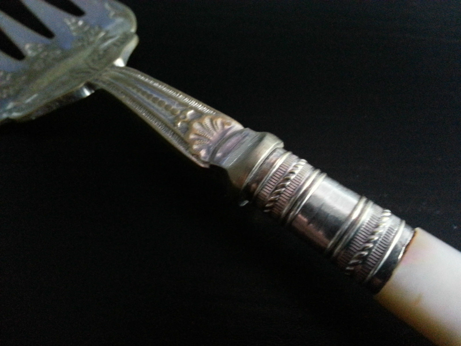 Antique silver plated ornamented fish fork mother of pearl handle MOP Nacre