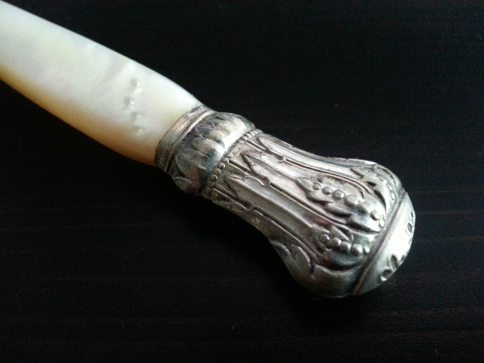 Antique silver plated ornamented fish fork mother of pearl handle MOP Nacre