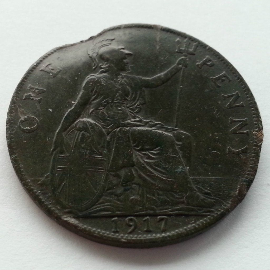 Antique 1917 one penny coin George V British Empire with green patina